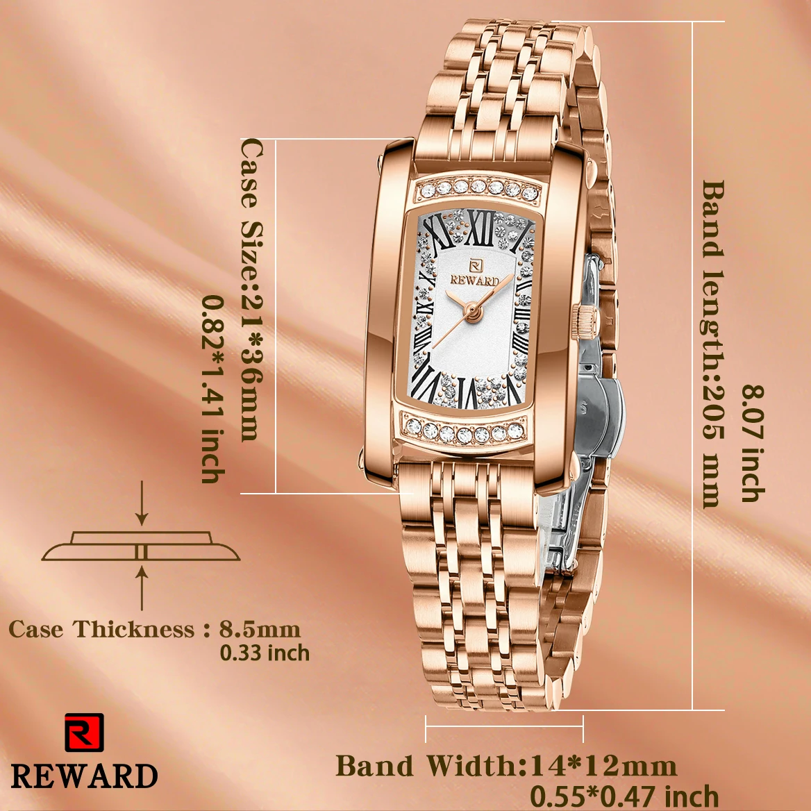 REWARD Rose Gold Quartz Watch for Girl Waterproof Luminous Diamond Women Watch for Ladies Fashion Clock view 5