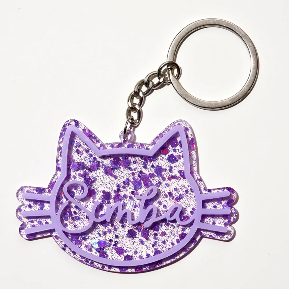 1PC Custom PMMA Keychain - Personalized Engraved Name, Calico Kitten Design, Sparkling, DIY, Laser Engraved, Ideal Daily Use & C