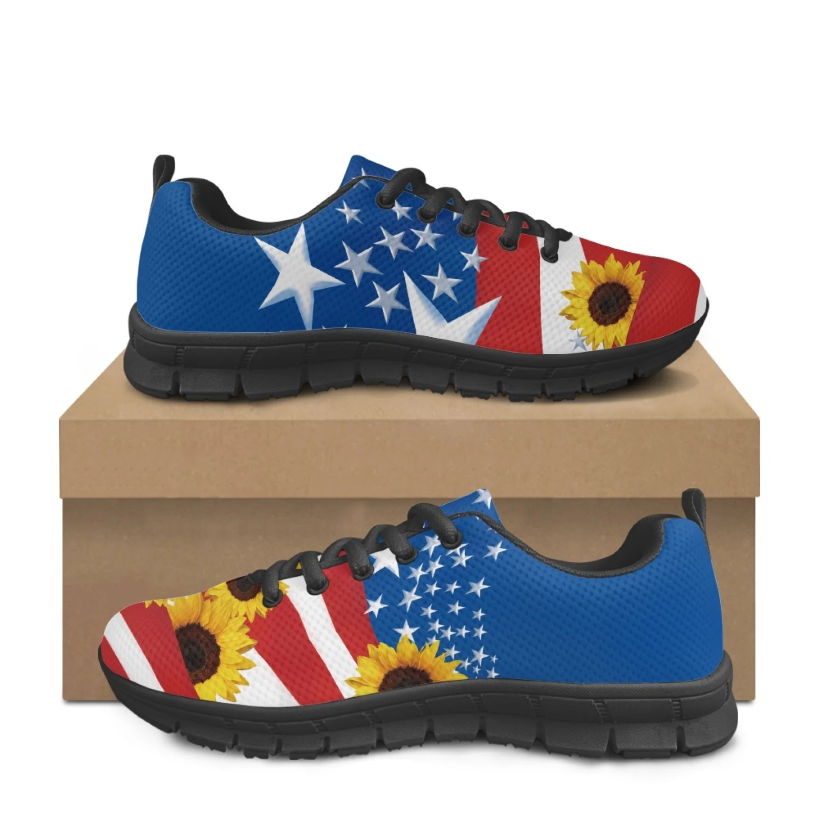 Coloranimal Flag Sunflower Print Women Fashion Athletic Work Shoes for Nurses and Teachers Leisure Walking Tennis Shoes