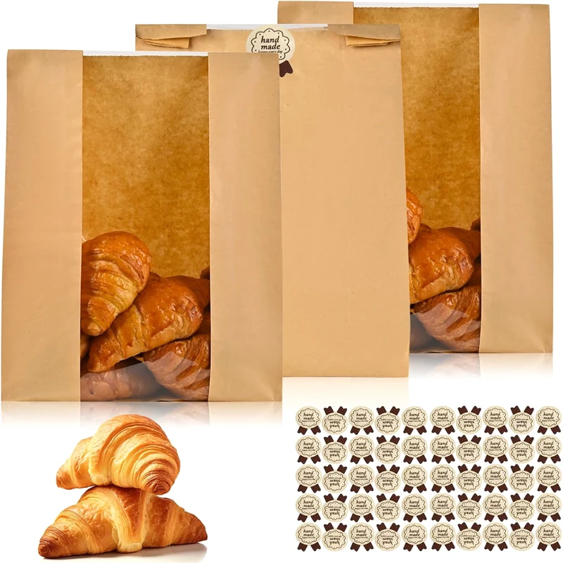 

50pcs Kraft Paper Bag With Window Bread Packaging Bags Handmade Toast Biscuit Candy Packing Pounches With Label Sealing Stickers