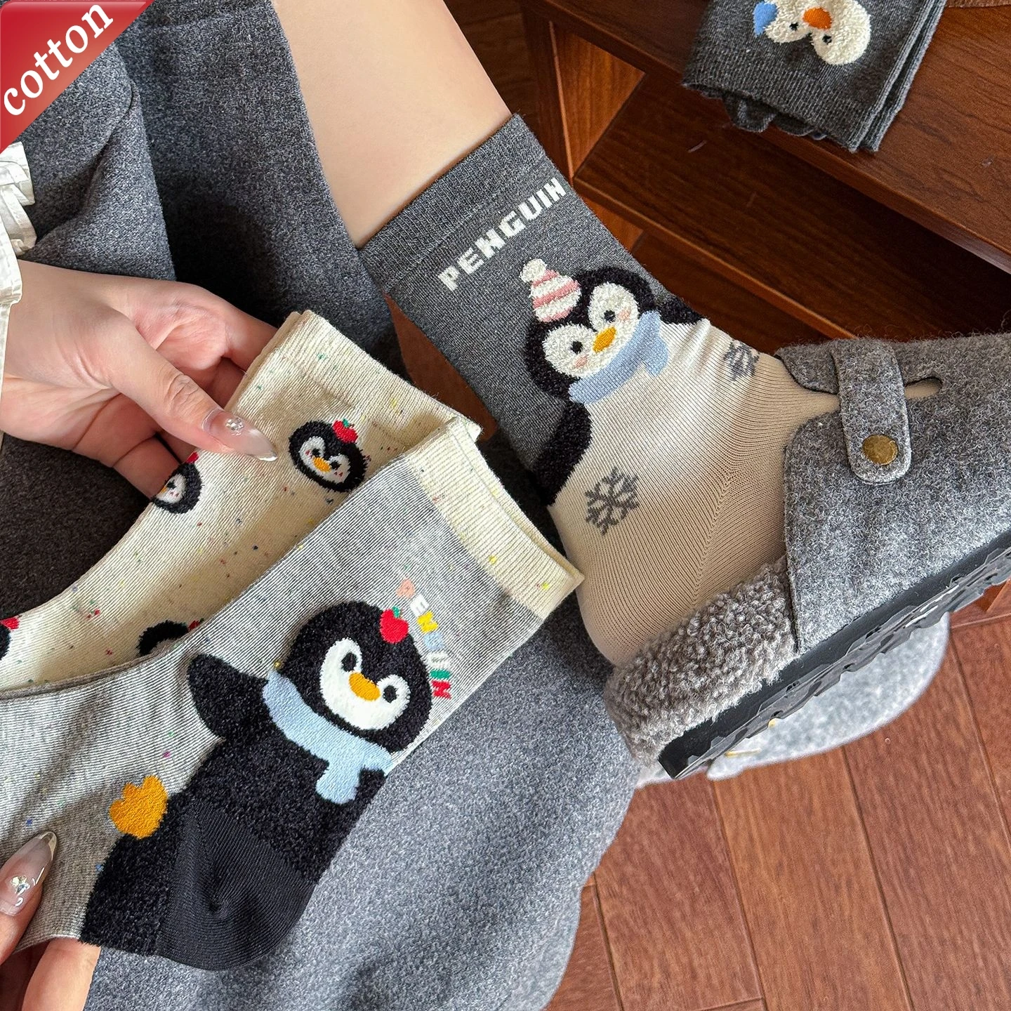 5 Pairs Women's Socks Set Korean New Cartoon Penguin Kawaii Socks Thick High Quality Cotton Cute Sweet Versatile Mid Tube Socks