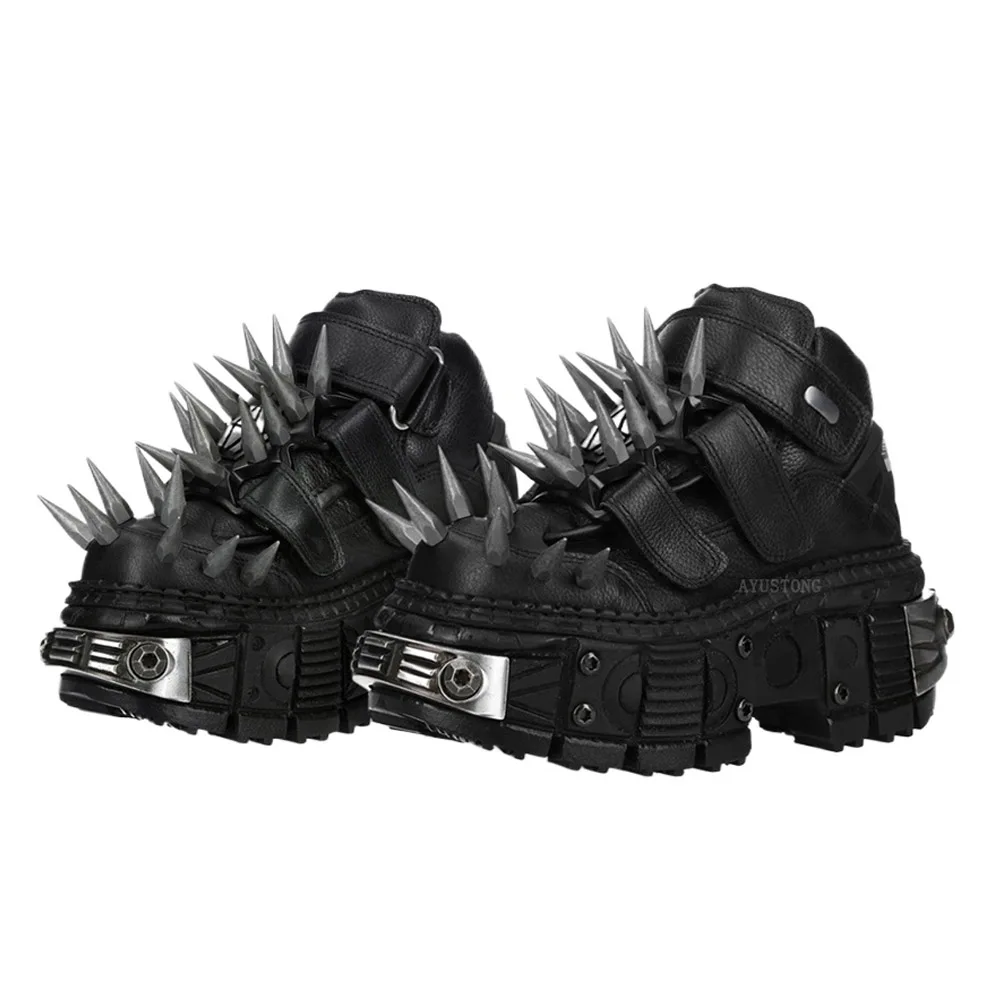 

Fashion Genuine Leather Motorcycle Boots Ankle Black Thick Sole Spiked Rivet New Punk Rock Street Sports Casual Short Boots