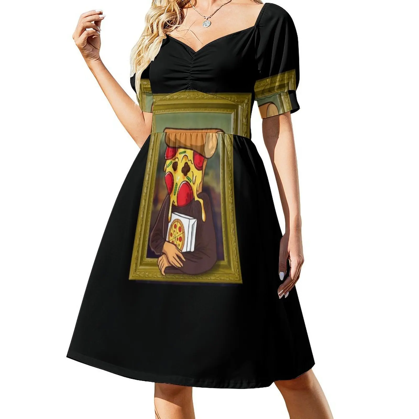 فستان البيتزا الموناليزا المضحك للفنان ومروحة البيتزا فستان سموك مزين بالزهور للنساء للربيع والصيف فستان كاجوال لمحبي البيتزا للحفلات #2