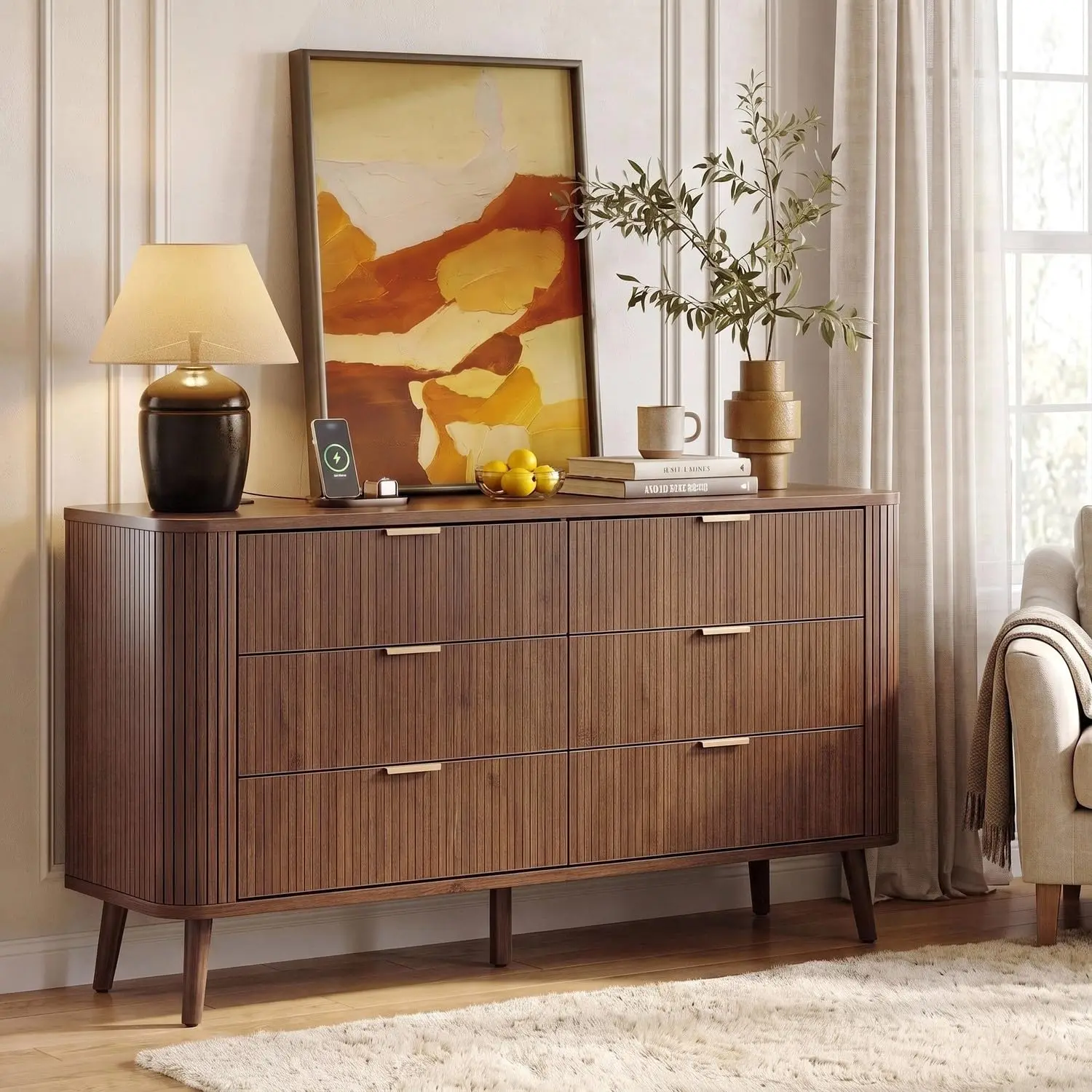 Fluted Dresser with Charging Station 6-Drawer 57