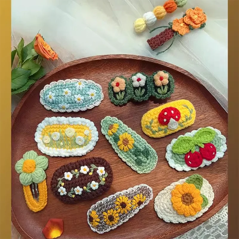 Lovely Sweet Hair Clips Wool Knitted Embroidery Flower Barrettes Hairpins Kids Girls Candy Crochet Headwear Hair Accessories