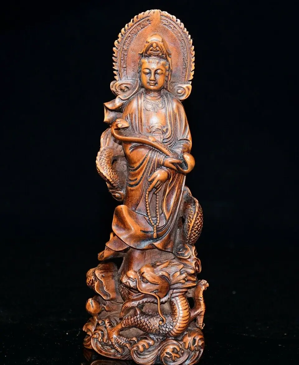 

Chinese Vintage Boxwood Carved Dragon Kwan-yin Statue Home Decor Sculpture