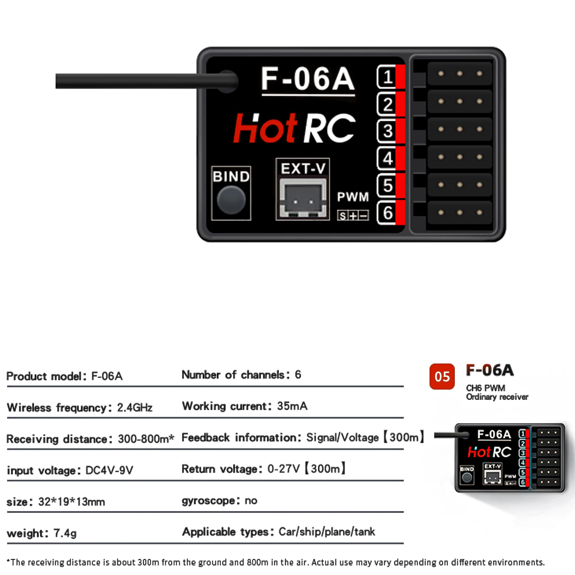 HOTRC DS-600 6CH 2.4GHz Radio System Transmitter Remote Controller with F-06A Channel Receiver for RC Boat