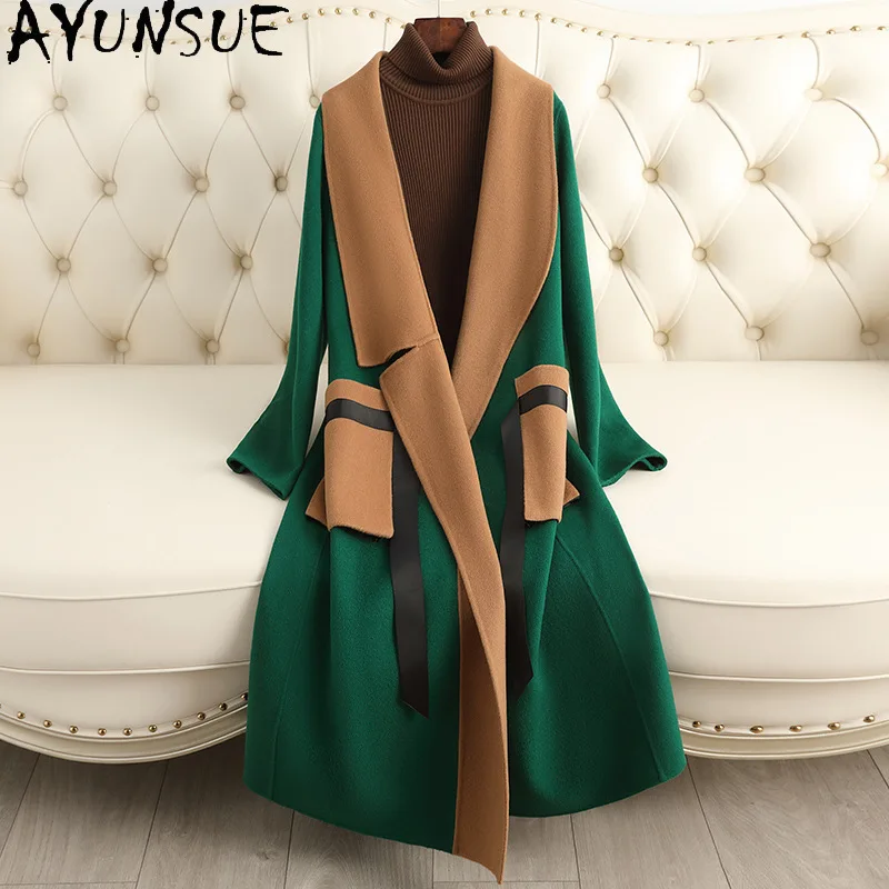 AYUNSUE 100% Real Wool Coats for Woman Luxury Long Coat Women 2024 Autumn Winter New in Outerwears Fashion Women Clothing пальто