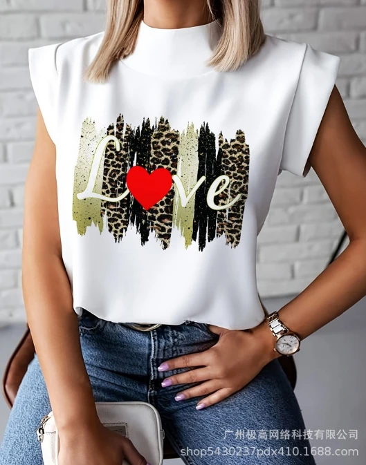 

Elegant Style Women's T-Shirt Round Neck Small Flying Sleeve Animal Print Sleeveless Loose Top 2024 New Summer Pullover