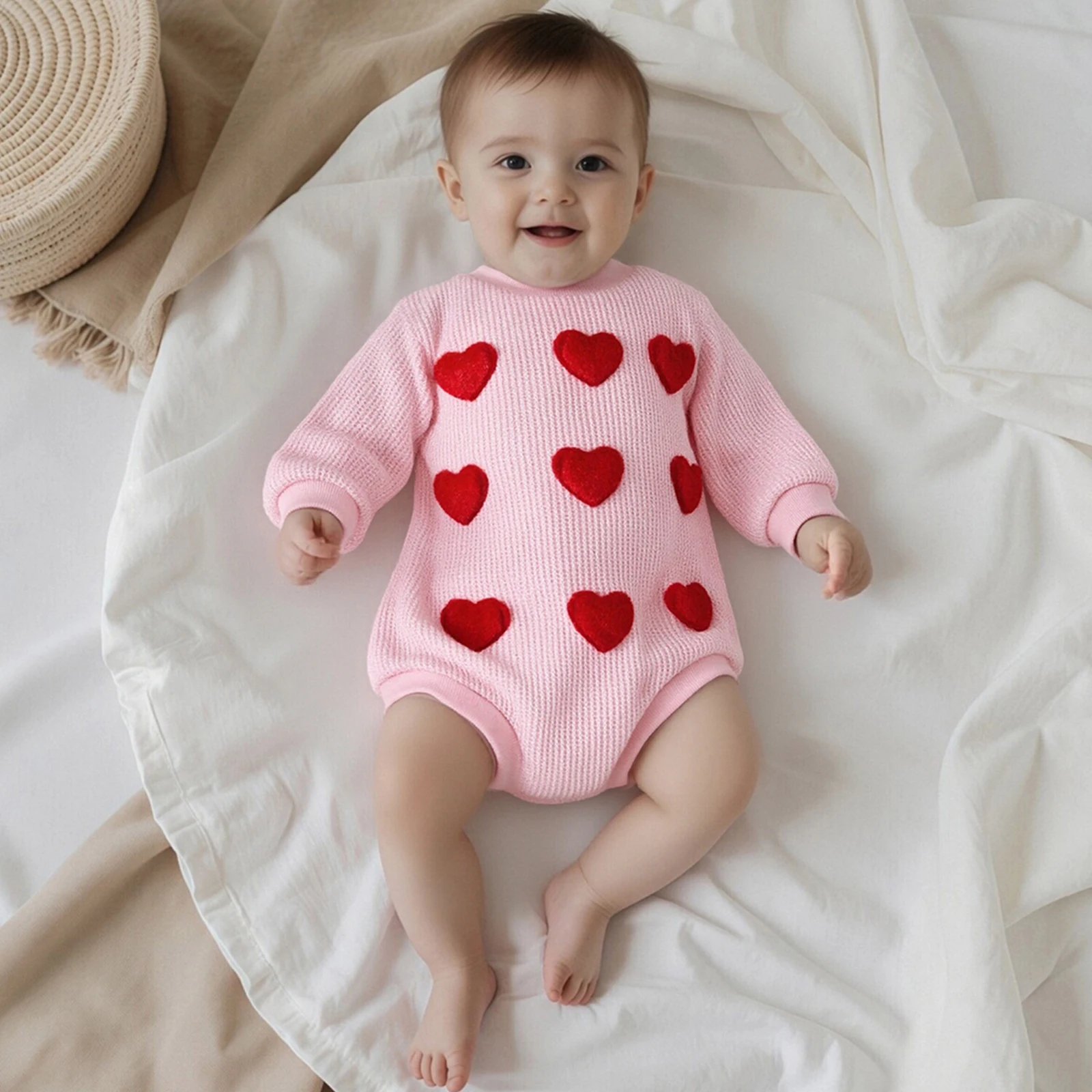 

Baby Girls Spring Fall Waffle Romper Long Sleeve Crew Neck Heart Bodysuit Clothes for Casual Daily