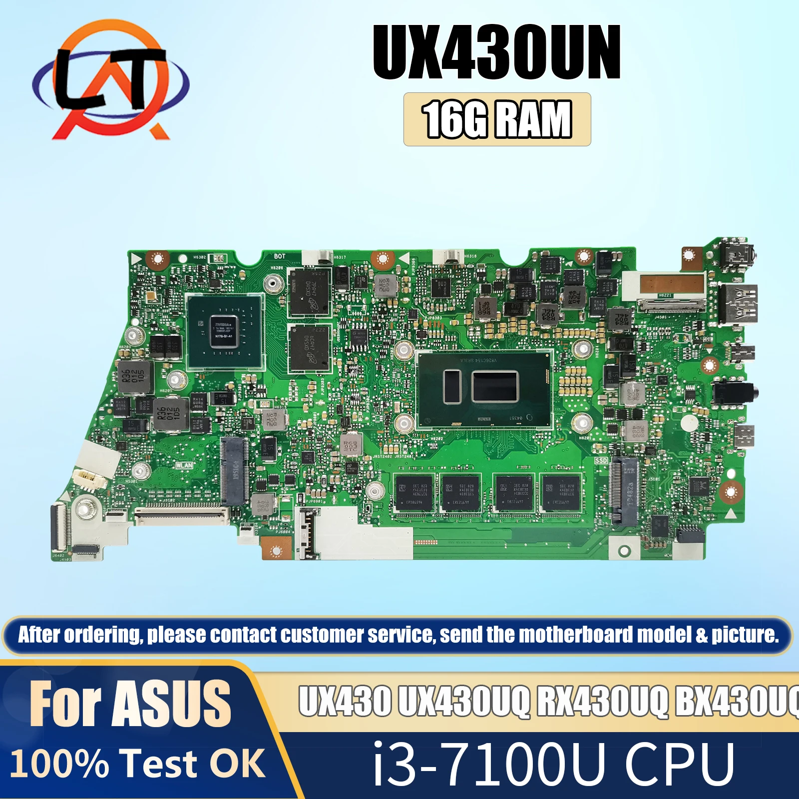 

UX430UNR i3-7100U CPU 16G RAM Mainboard For Asus ZenBook UX430 UX430UQ RX430UQ BX430UQ U4100U U4100 Laptop Motherboard