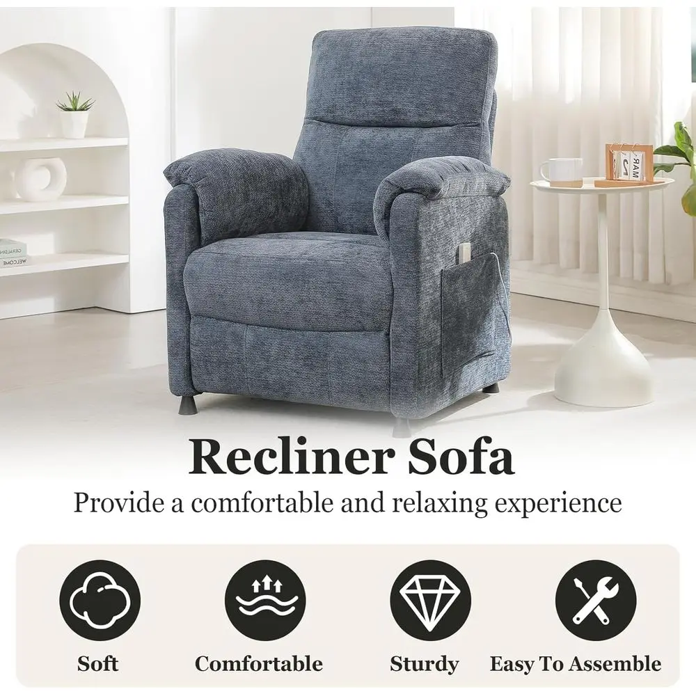 Electric Power Recliner Chair with Remote Control, Side Pockets for Small Spaces, Suitable for Adults - Blue