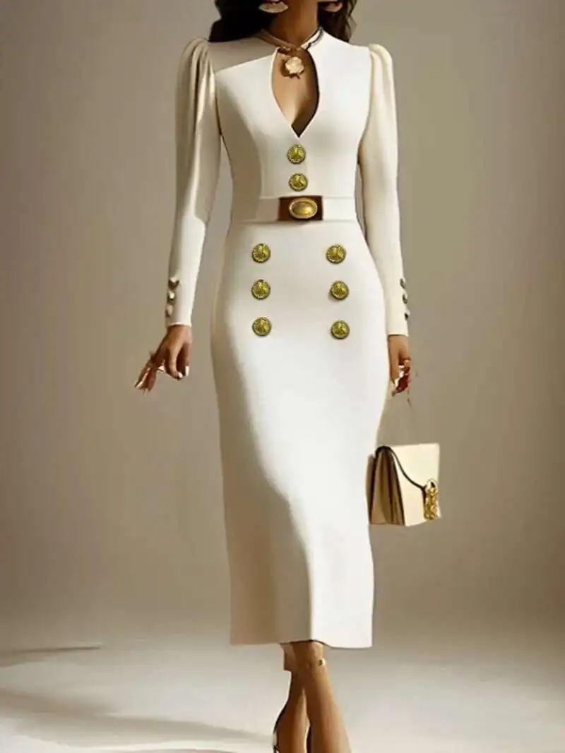 

BabYoung Wedding Evening Banquet Dresses Women Clothing Formal Original Creation Buttoned Long Sleeve Dress For Ladies