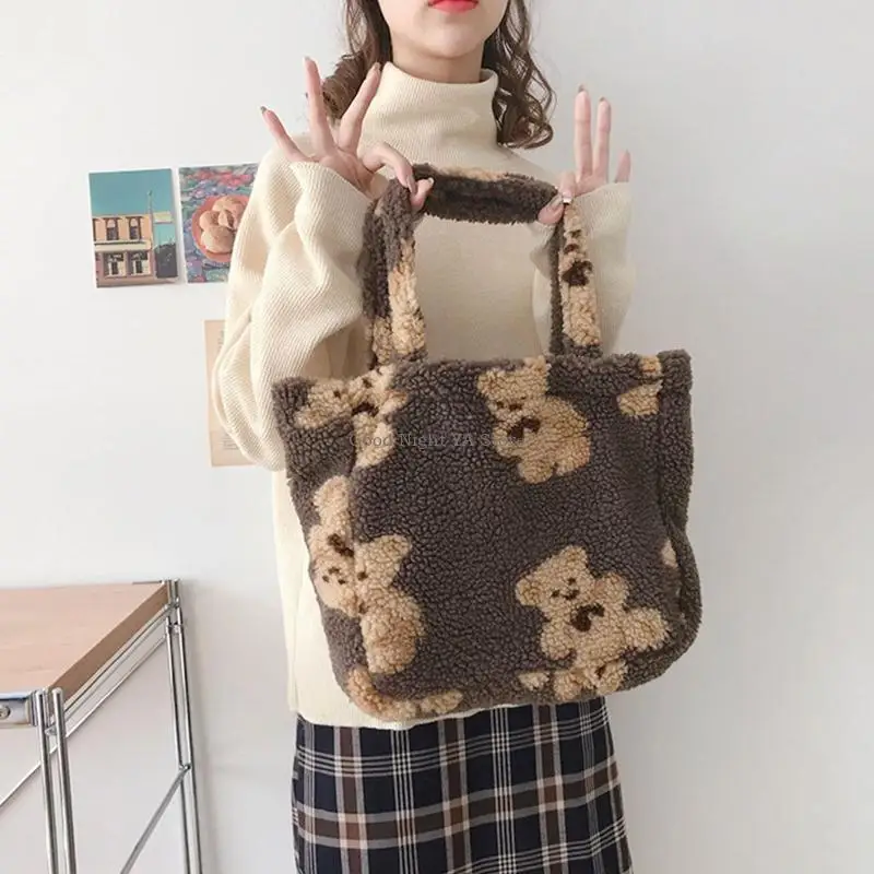 Damska płócienna torebka z grubej bawełny torba na ramię z tkaniny podobnej do jagnięciny niedźwiedź haftowana torebka typu na