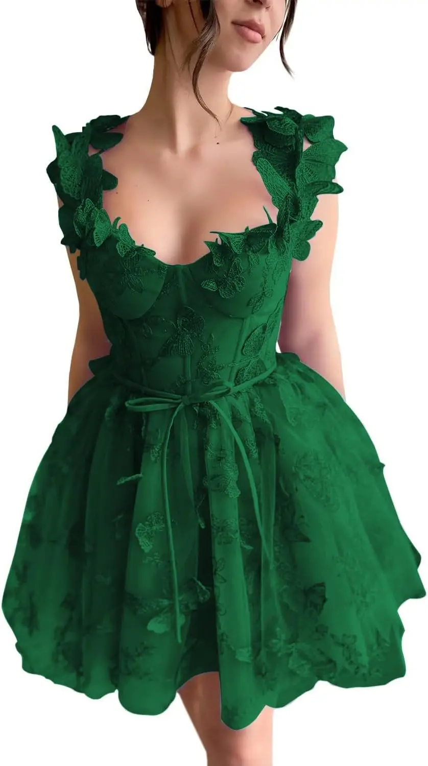 Customized Spaghetti Straps High Slit Prom Dress Lace Up Back Butterfly Lace Evening Formal Dresses for Women Homecoming Dress