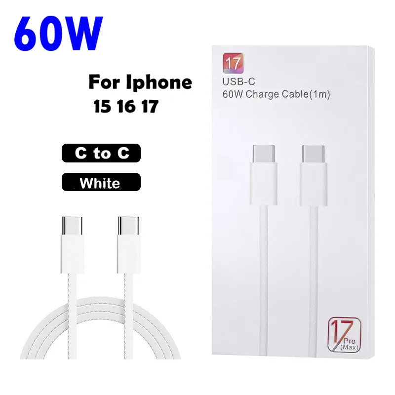 60W PD USB-C to C Fast Charge Cable for iPhone 15 Plus 16 Pro 17 Max Samsung Dual Type-C Quick Charging Braided Cable With Box