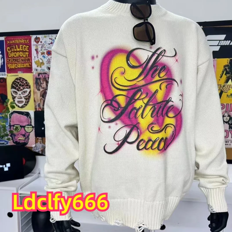 Double Heart Doodle Personalty Letters Pattern Hole Damaged Sweater for Men Women Winter Loose Fit Sweatshirts