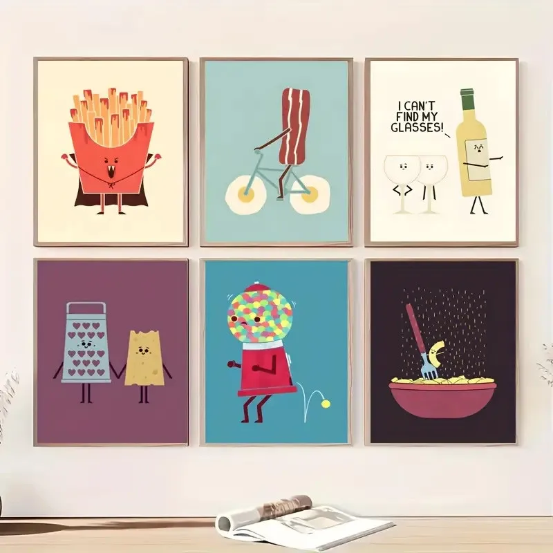 Colourful Creative Cartoon Canvas Painting Funny Cute Food Wall Art Suitable for Gift Bedroom Cafe Frameless Decorative Poster