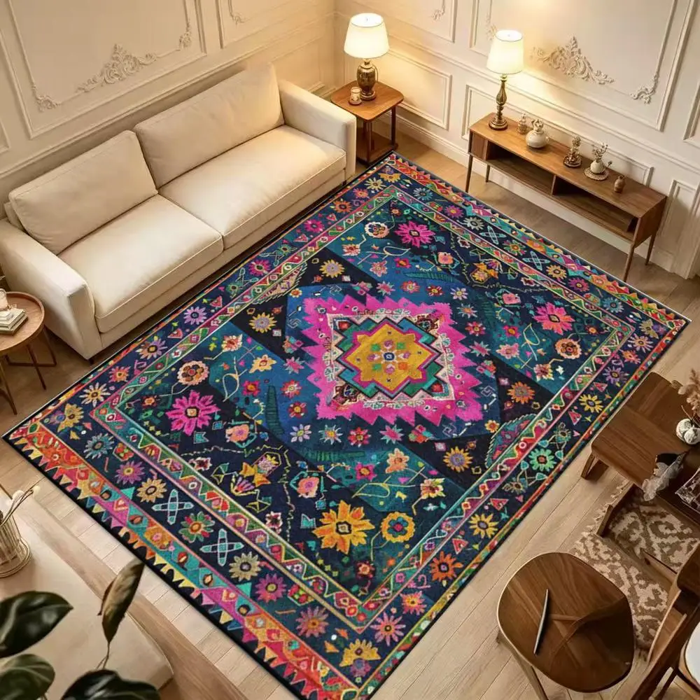 Colorful Bohemian Tribal Square Area Rug Bright Ethnic Floral Geometric Non-Woven Floor Carpet for Home Living Room Decor