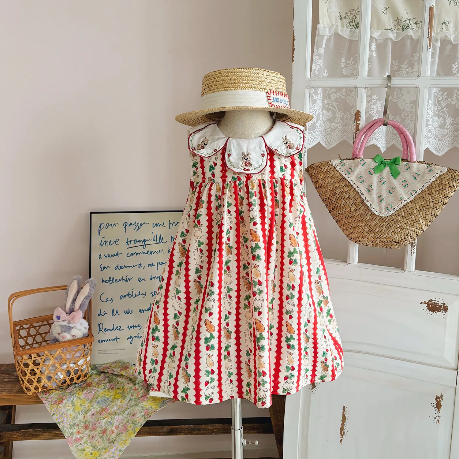 

Girls' Summer Dress Flower-Collar Rabbit Embroidery Sleeveless Sweet Cute Cartoon Print Baby Dress