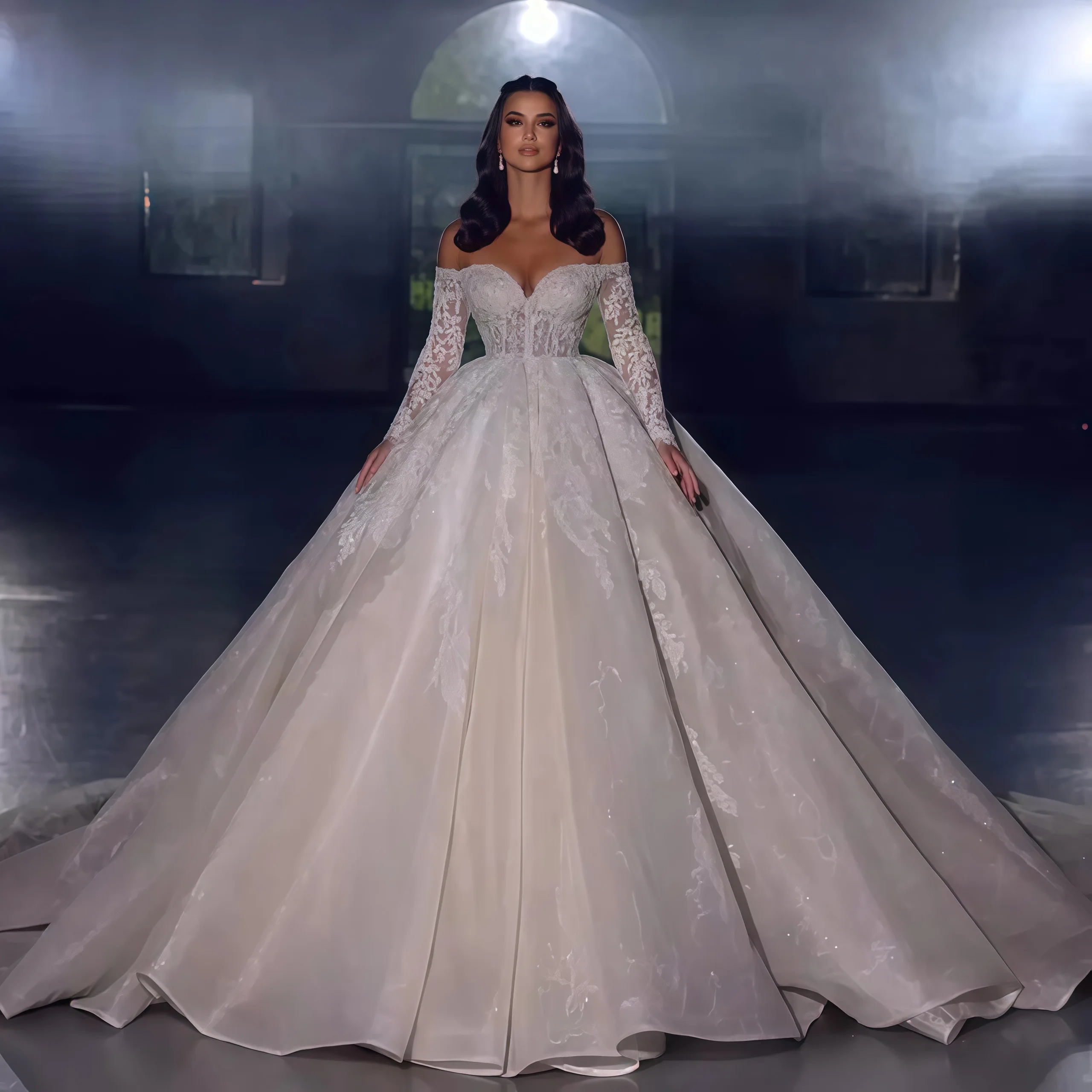 Customized  Off the Shoulder Ball Gown Wedding Dress Long Sleeve Chapel Train Princess Bride Custom Vestido De Noiva