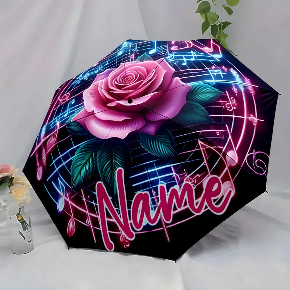 Custom Name Music and Rose-Themed Umbrella Design 8 Iron Ribs Folding Umbrella Auto-Open Fashionable Sunshade Deluxe Gift