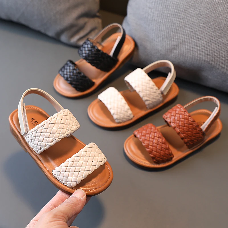 Girl Sandals Braided Open Toe Fashion Vacation Summer Children Flat Shoes Solid Color Comfy Outdoor Anti-slip Kids Sliders