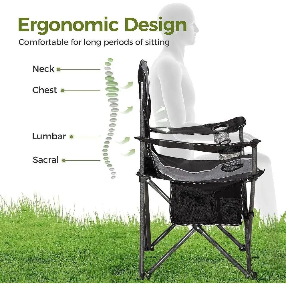 كرسي تخييم كبير الحجم قابل للطي إطار فولاذي عالي التحمل يدعم مساند للذراعين مبطنة قابلة للطي بوزن 350 رطلًا مع حاملات أكواب و