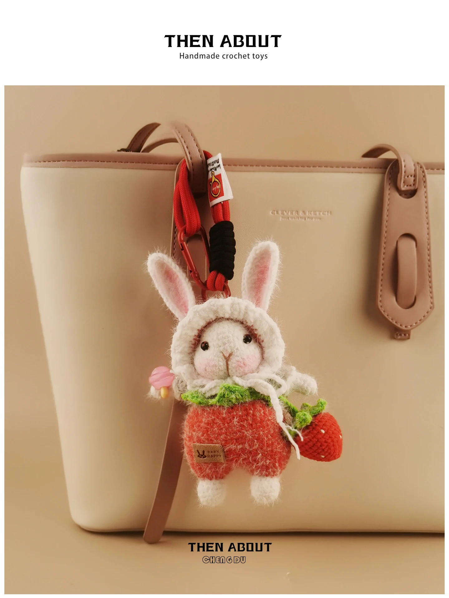 Small Strawberry Sugar Rabbit Doll Bag Charm Handmade Gift School Bag Accessory Animal Pattern Handbag Decorations