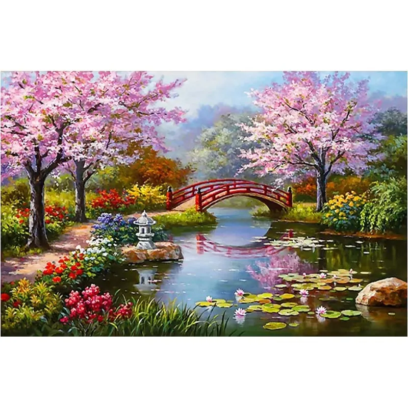 Landscape Cross Stitch Kits Cartoon Houses Stream Cherry Tree Dream Home Decor Painting Embroidery Set DMC Printed Canvas Gift