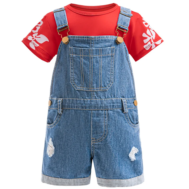 

2025 летний новый комплект одежды для девочек, красная футболка с короткими рукавами с принтом + ковбойский комбинезон, костюм из 2 предметов для детей 1-6 лет, повседневная одежда