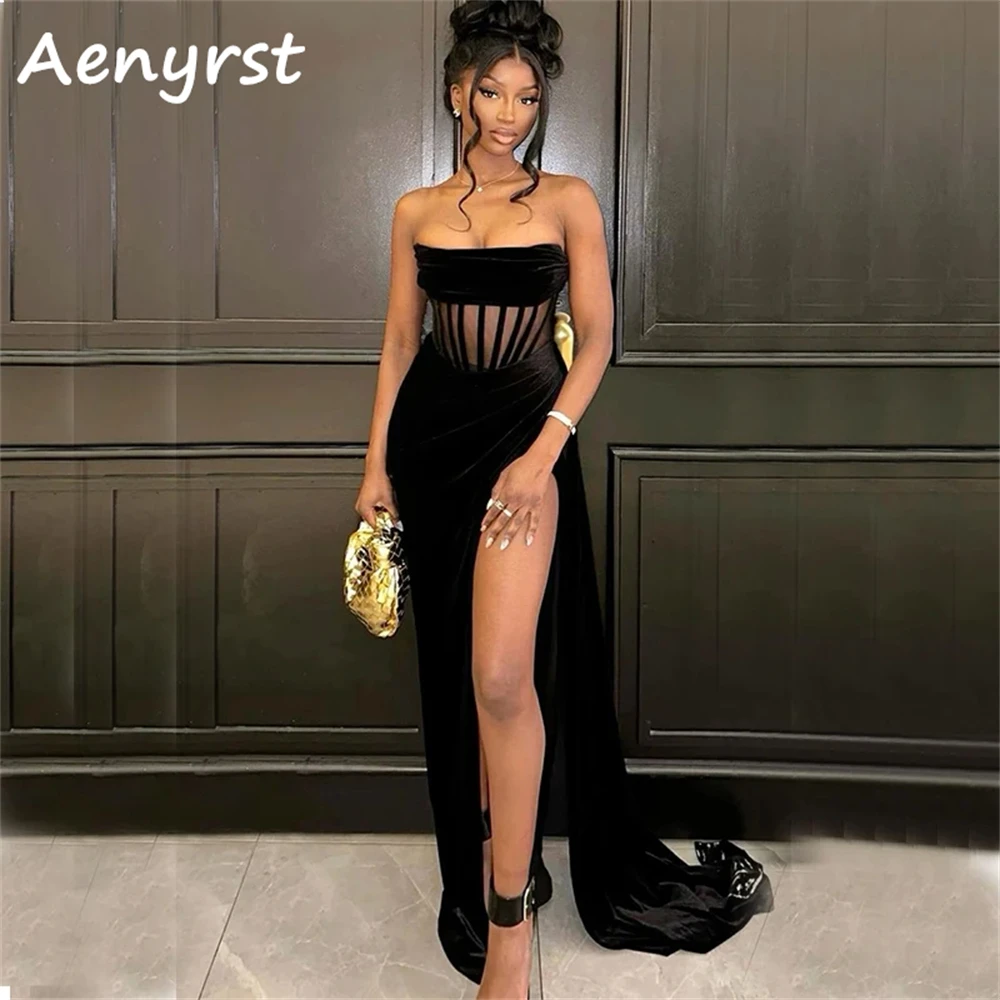 

Aenyrst Black Sexy Strapless Corset Mermaid Evening Dresses Side High Split Prom Gowns Floor Length Dinner Party Dress For Women