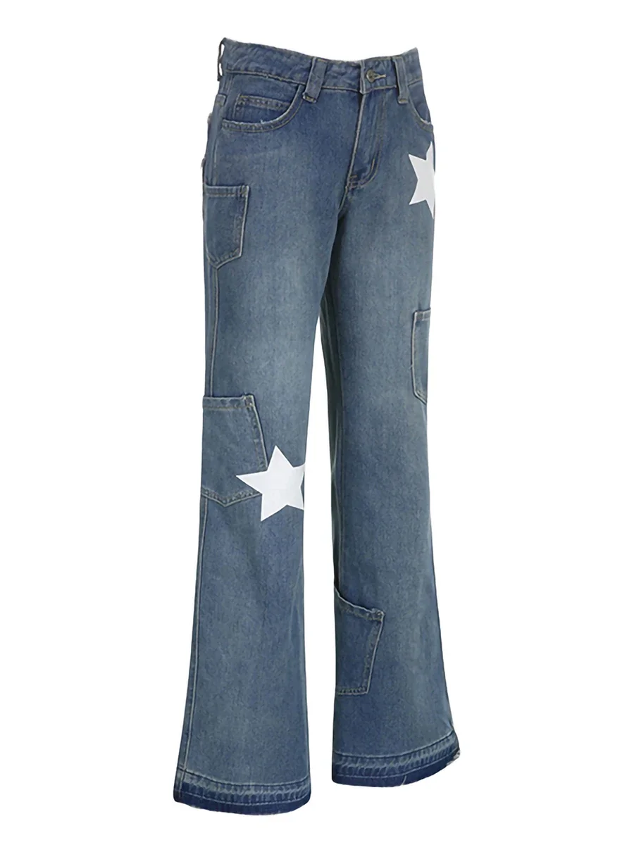 Pantalones vaqueros femeninos con patrones de estrellas, pantalones largos de pierna recta de cintura alta con bolsillos para primavera y otoño, pantalones ajustados de mezclilla azul