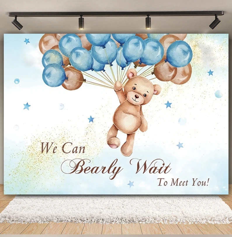 Bear Baby Shower Backdrop Photography Hot Air Balloon We Can Bearly Wait Girls Boys Birthday Photozone Background Photo Studio