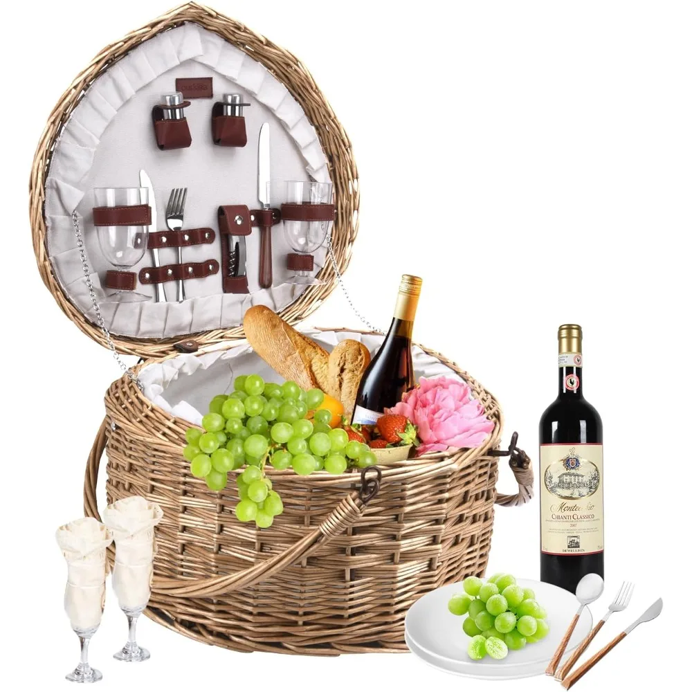 

Heart Picnic Basket Set for 2 Wicker with Complete Picnic Accessories | Great Gift for Couples, Anniversaries