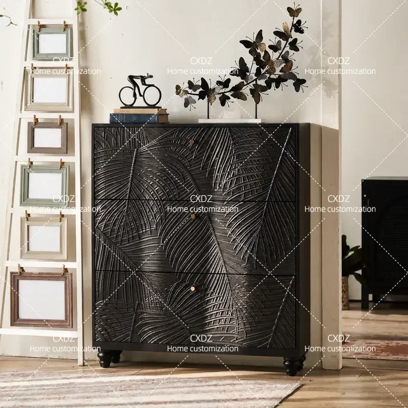American Retro Entrance Shoe Cabinet Solid Wood Carved Lace Design Storage Cabinet for Small Apartment Household Entryway