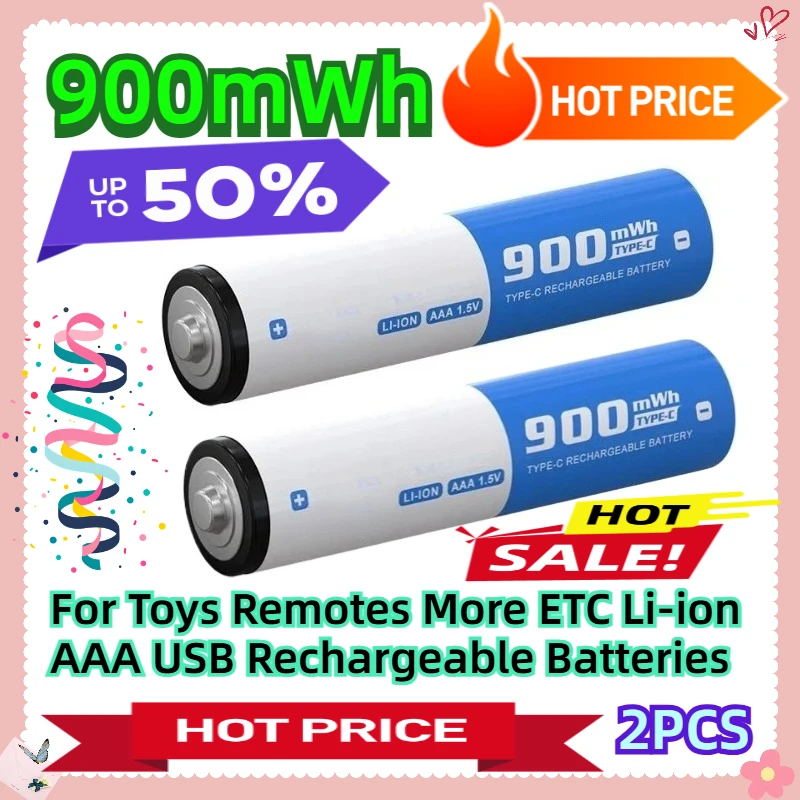 

2pcs 900mWh 1.5V For Toys Remotes More ETC Li-ion AAA USB Rechargeable Batteries