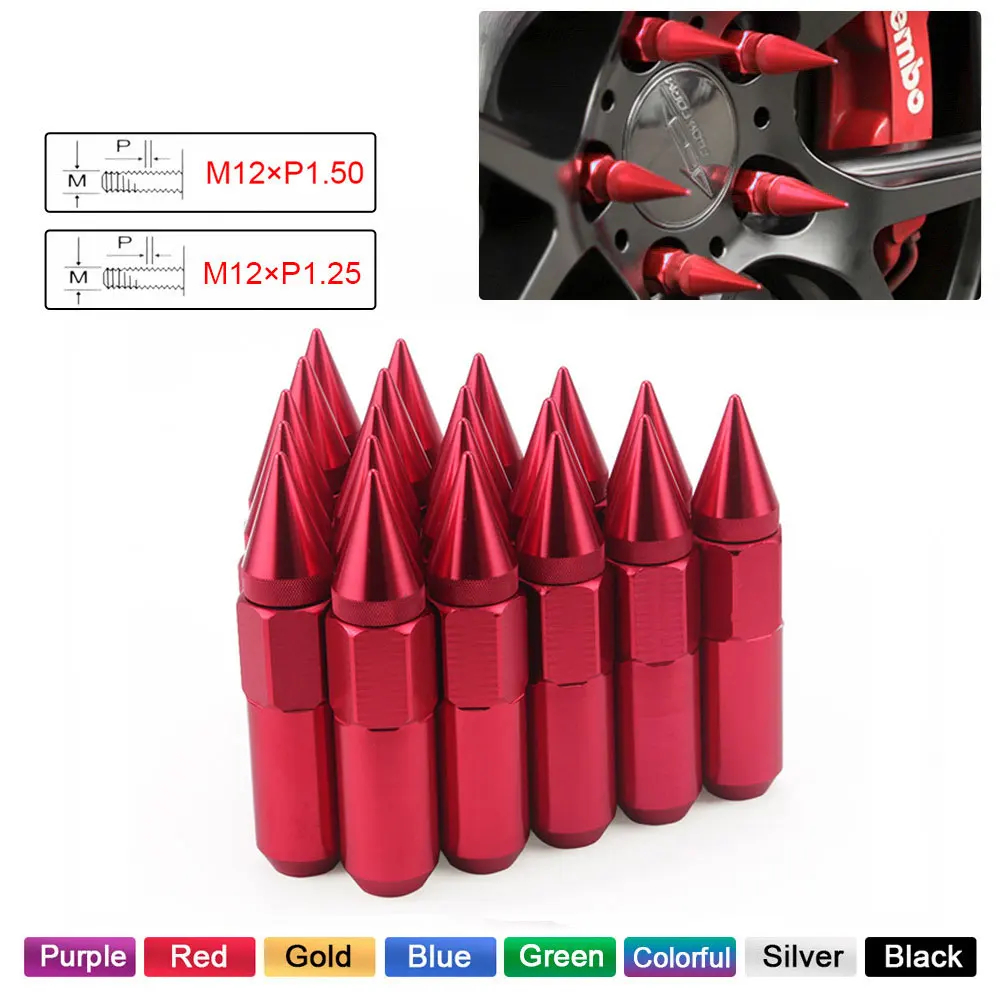 20Pcs 12X1.5 Or 12X1.25 Spiked Aluminium 60MM Extended Tuner Wheels Rims Lug Nuts Racing