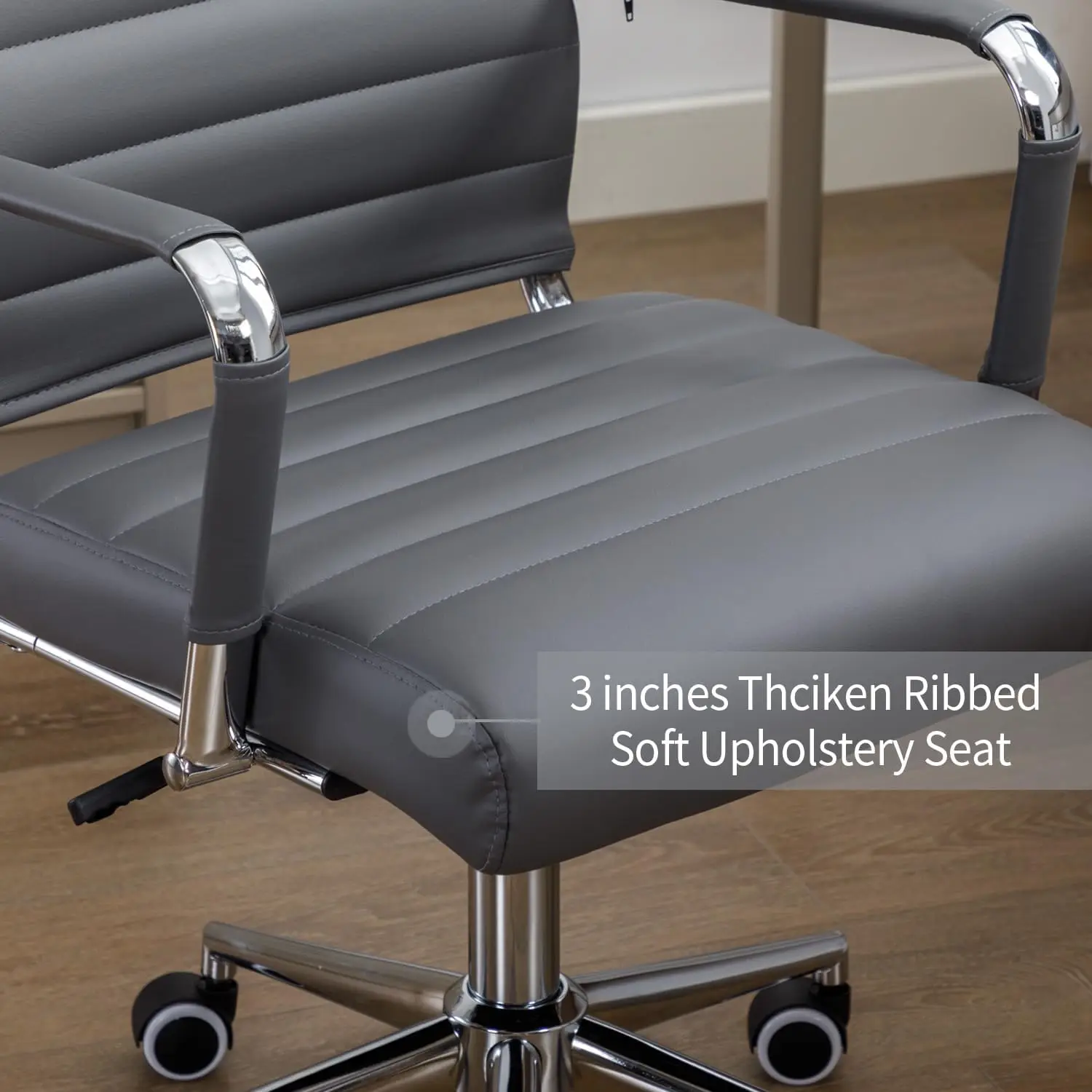 Office Desk Chair Leather, Conference Room Chairs with Wheels, Executive Modern Ergonomic Ribbed Computer Chair(Grey)