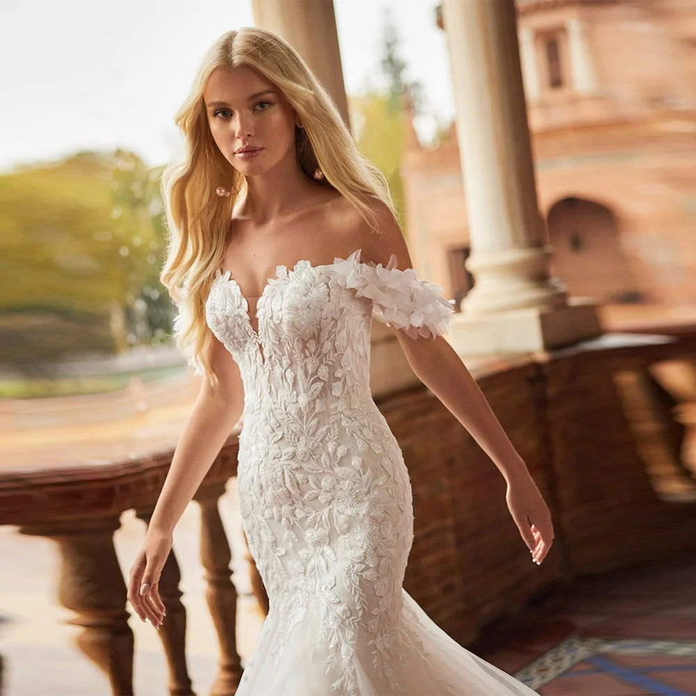 Maßgeschneiderte Boho-Hochzeitskleider für Damen, schulterfrei, 2025, Spitzenapplikationen, Meerjungfrau, Tüll, Brautkleider, formelle Vestidos de Novia