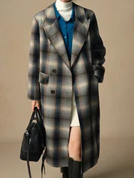 DUSHU 49.5% Wool Women Long Plaid Coats Notched Collar Design Office Lady Winter Blue Brown Plaid Straight Wool Coat 24DS84142