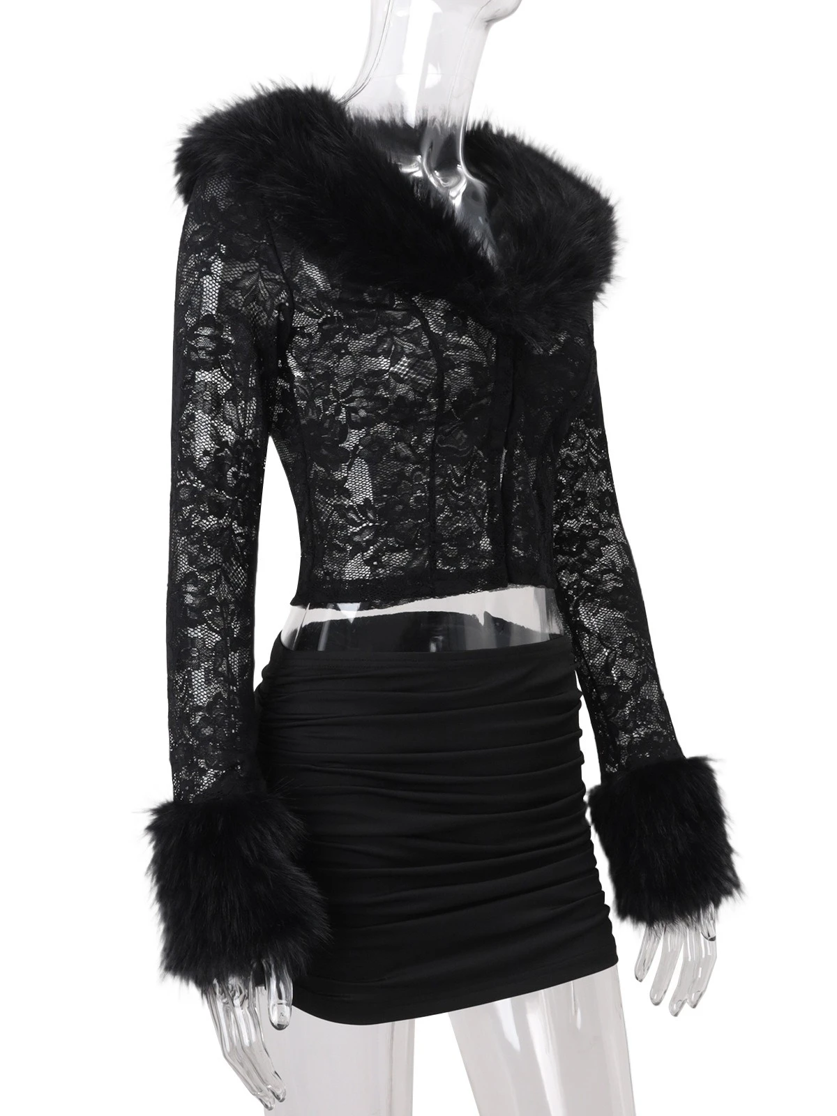 SsTss المرأة 2 قطعة مجموعة أنيقة فو الفراء المرقعة الخامس الرقبة طويلة الأكمام الأزهار الدانتيل المحاصيل الأعلى وتنورة قلم رصاص صغيرة الدعاوى الزي #5