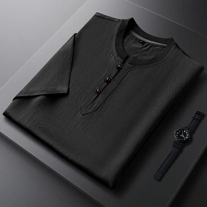 Brown button round collar button casual sports T-shirt for men, short-sleeved summer thin men's breathable clothing trendy