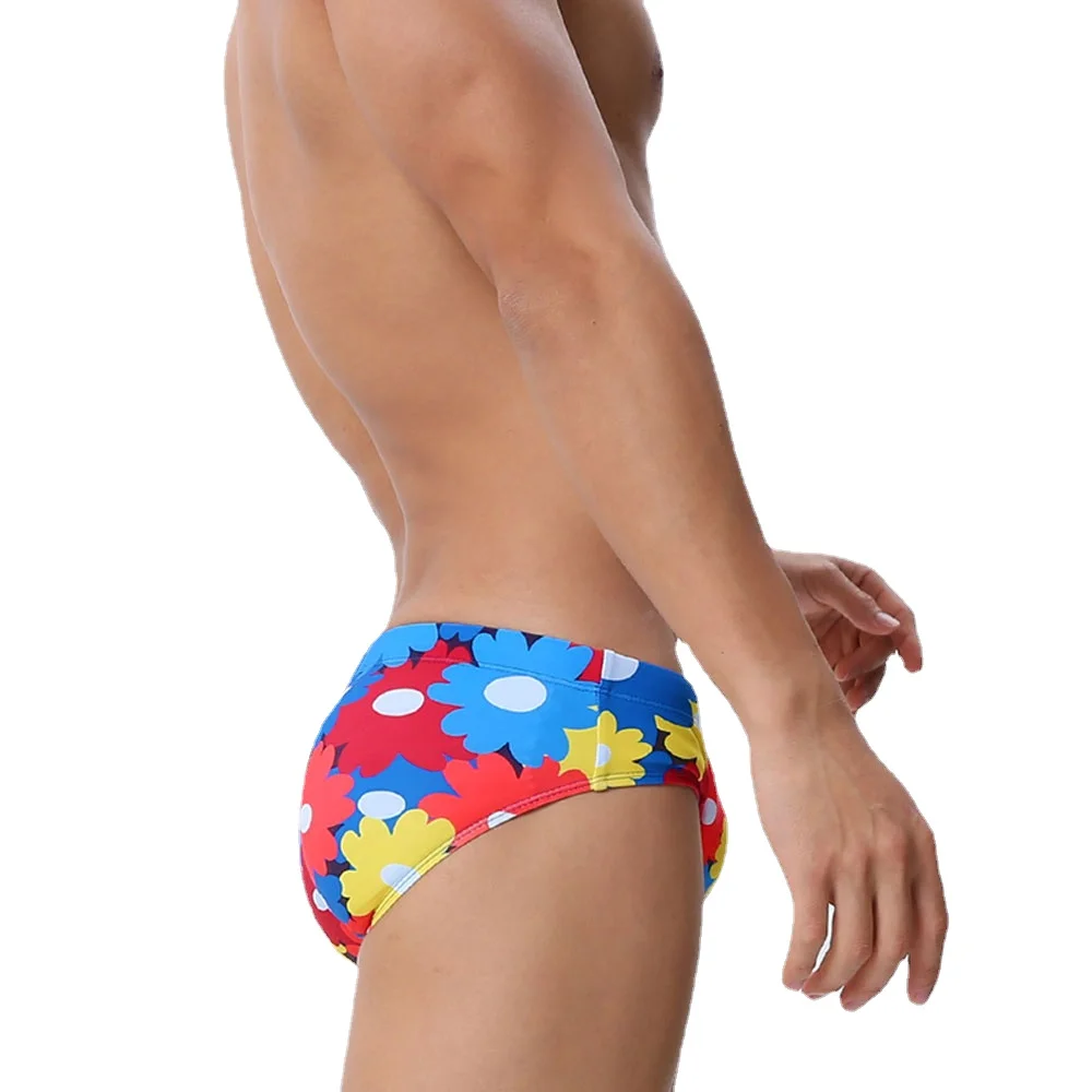 UXH New Arrival Men's Low-waist Drawstring Swimming Briefs Flower Printing Sexy U-convex Add Pad Tight Young Man Swimmisute