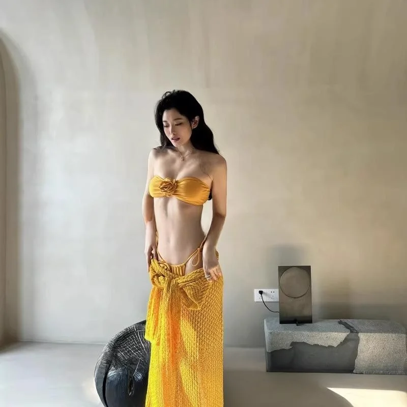 Wild Linglong Knitted Long Dress Flower Bikini Beach Vacation Swimming Suit Hot Springs Travel Yellow Nylon  Bikini w...