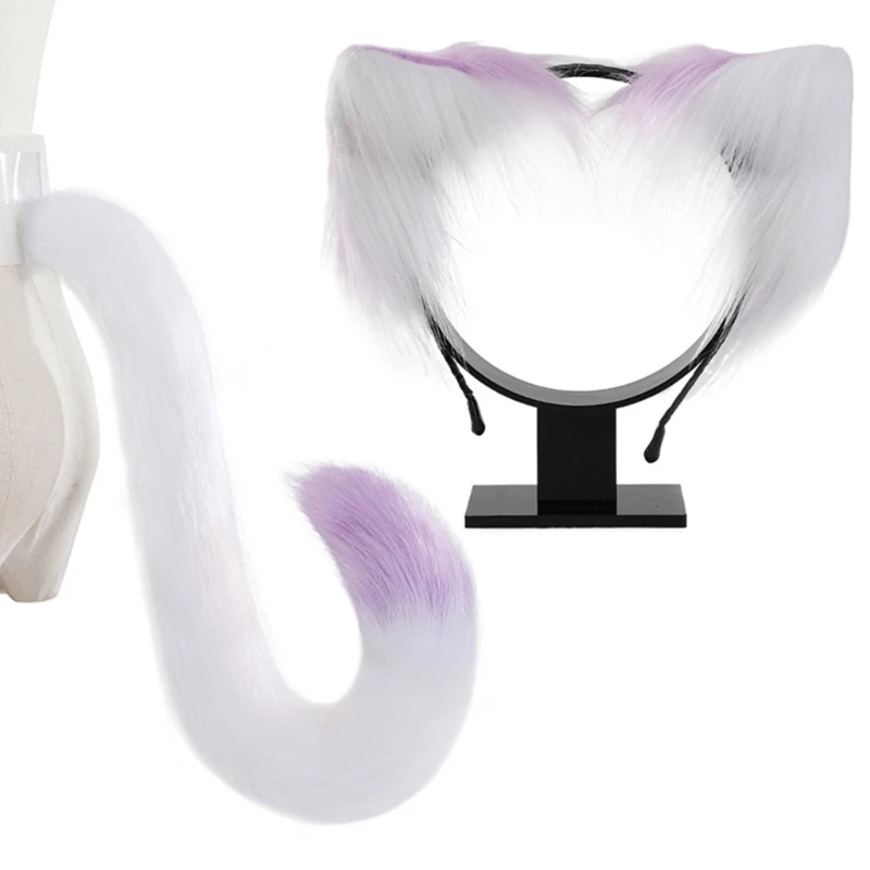 Anime-Cosplay Props Cat Ears and Tail Set Plush Furry Animal Ears Hairhoop with Foxes Tail Fancy-Dress Party Costumes HXBA