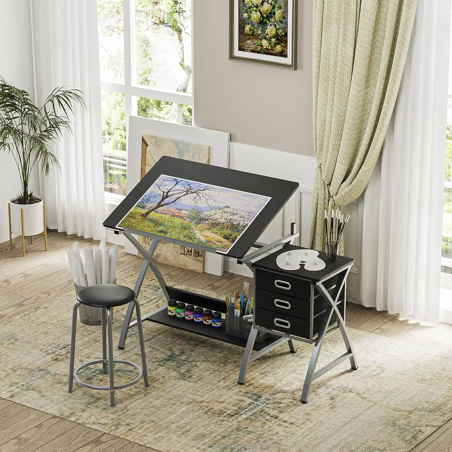 Drafting Table and Stool, Tilted Draft Table Desk w/Drawers, Artist Drawing Desk Craft Table for Drafting, Painting, Reading