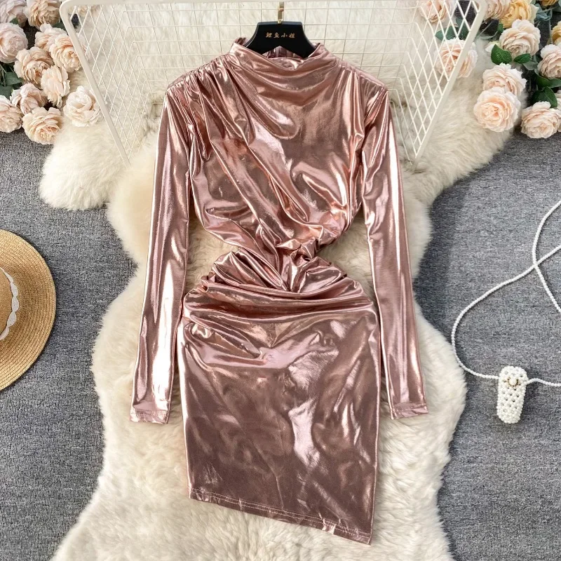 Long-sleeved Metallic Shiny Dress, Feminine Pleated, Slim-fitting, Hip-hugging, Irregular European and American Bottoming Skirt