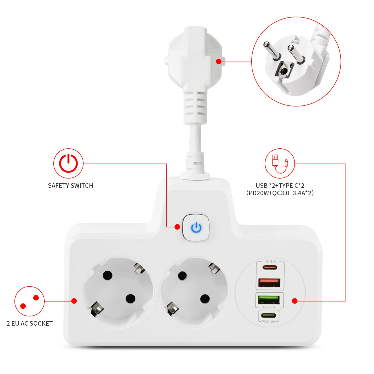 Fast Charging Ports 2AC Wall Socket Electrical Socket Wall Charger With USB Outlets Power Strip Adapter