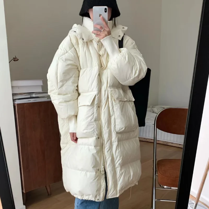 2023 Nieuwe Dames Donsjack Winterjas Dames Lange Parka 'S Losse Veelzijdige Overknee Bovenkleding Dikke Effen Kleur Capuchon Overjas